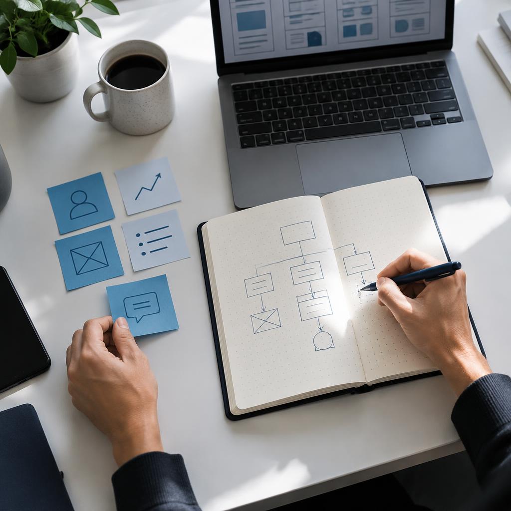 AI-generated photographic illustration of product planning with a user journey notebook and research notes.